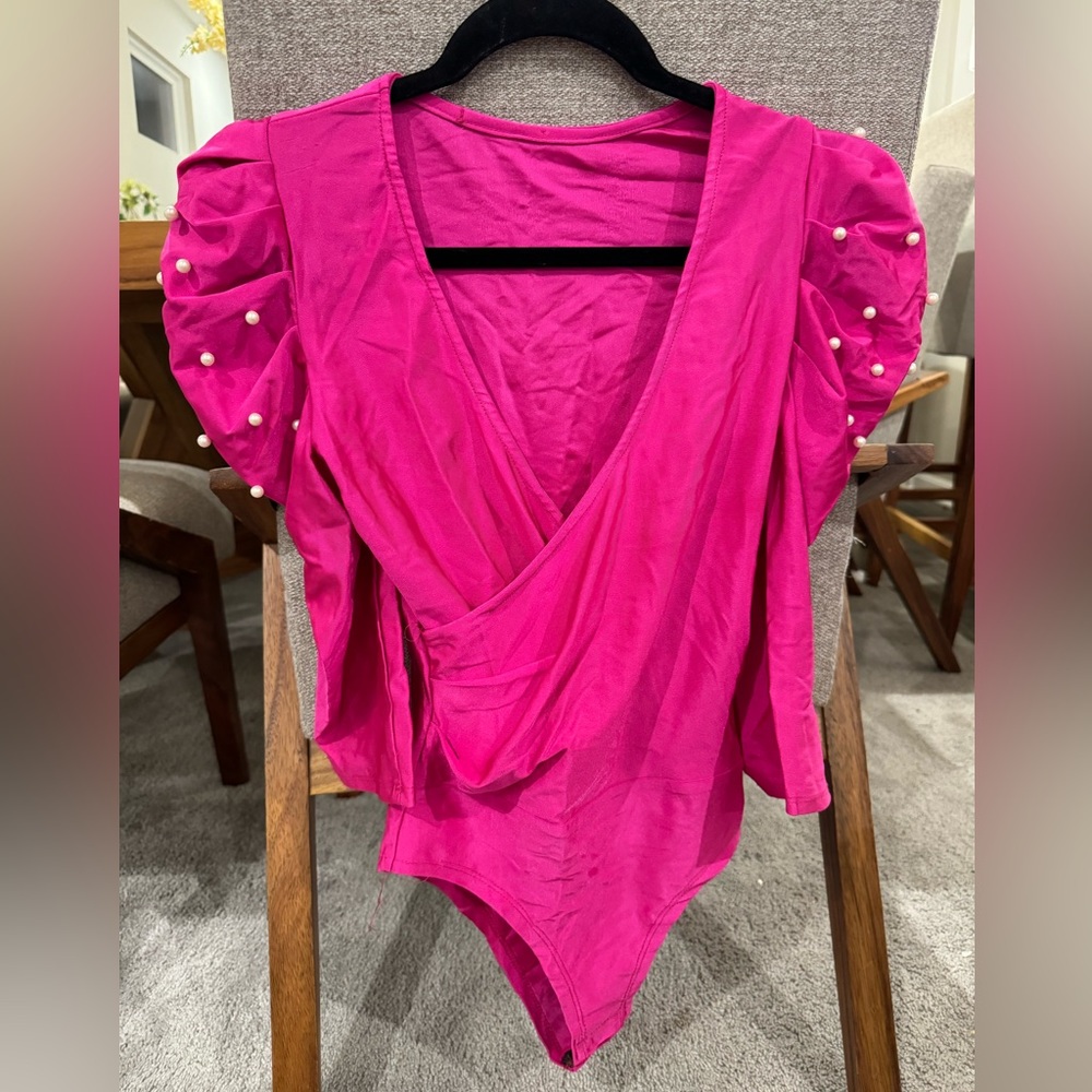 Pink Beaded sleeve bodysuit blouse